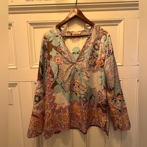 Johnny Was 100% silk Bohemian Paisley V-Neck Long Sleeve Top in Multi-Color- M